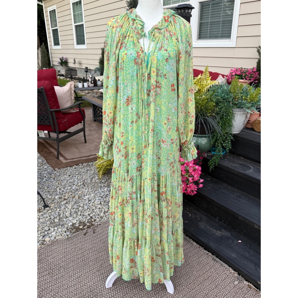 NWOT Free People Green Floral Tiered Maxi Dress Long Sleeve Boho Size M